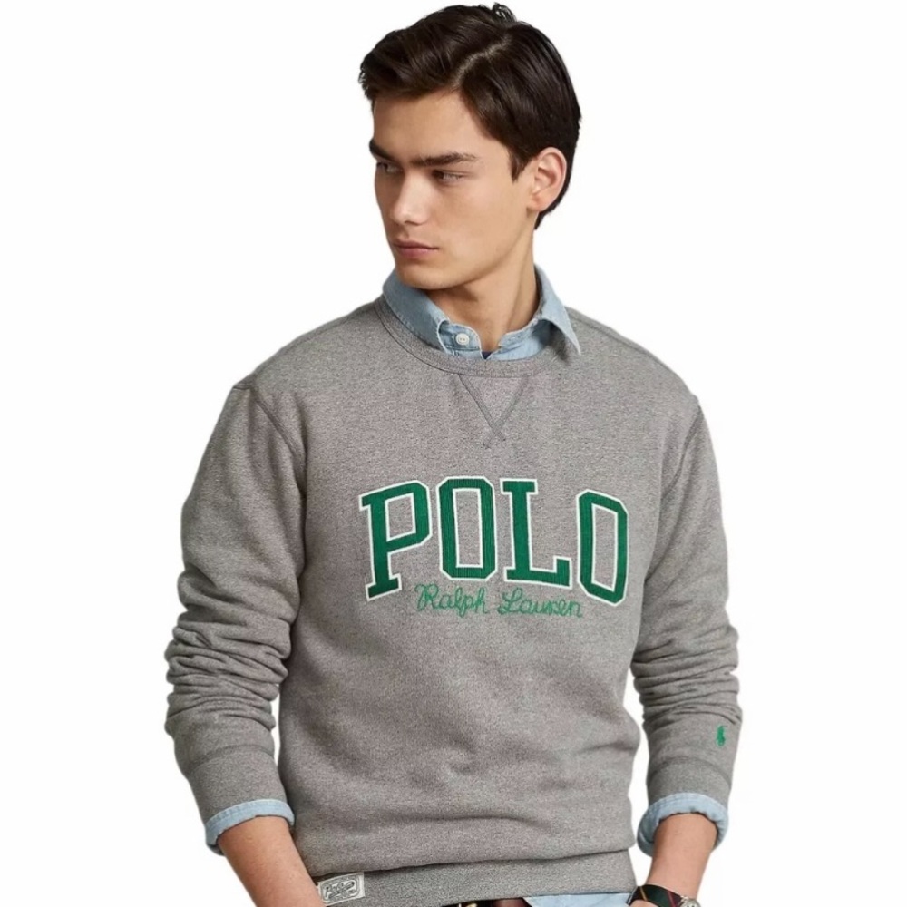 POLO RALPH LAUREN Fleece Logo Sweatshirt Chainstitch Gray/Green Embroidered Sz M